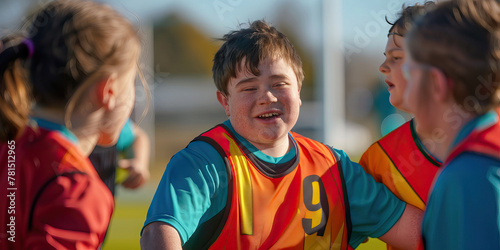 Sportsmanship: Boy with Down Syndrome Coaching a Youth Soccer Team. Learning Disability. photo