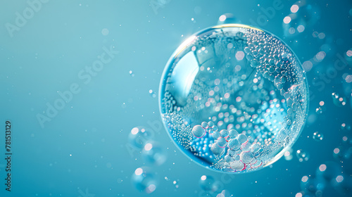 Ultra HD Bubble Drop: Detailed Macro Texture on Blue Background, Top View with Sharp Focus and Professional Lighting photo