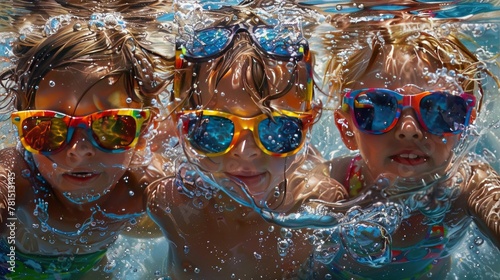 children in the pool vibrant sunglasses. Summer joy captured