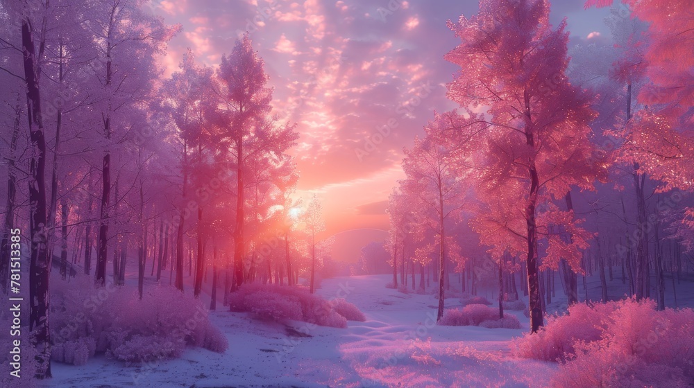 Naklejka premium sunset on the forest with vaporwave tone color, suitable for wallpaper, poster. Generative AI