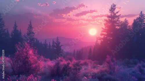sunset on the forest with vaporwave tone color, suitable for wallpaper, poster. Generative AI
