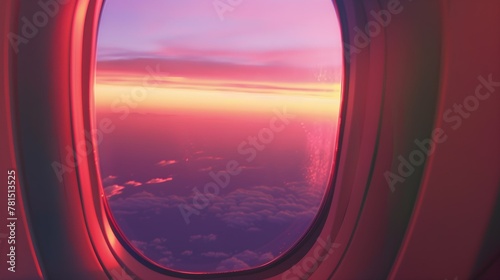 View from an airplane window while flying at sunset.