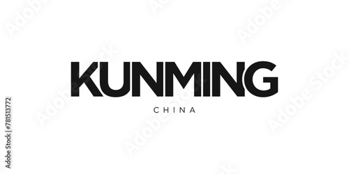 Kunming in the China emblem. The design features a geometric style, vector illustration with bold typography in a modern font. The graphic slogan lettering. photo