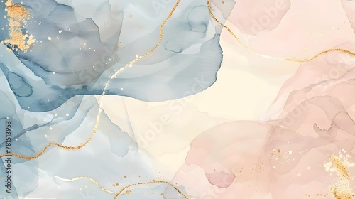 Watercolor art background vector. Wallpaper design with paint brush and gold line art. Earth tone blue, pink, ivory, beige watercolor Illustration for prints, wall art, cover and invitation cards 