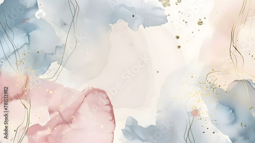 Watercolor art background vector. Wallpaper design with paint brush and gold line art. Earth tone blue, pink, ivory, beige watercolor Illustration for prints, wall art, cover and invitation cards 