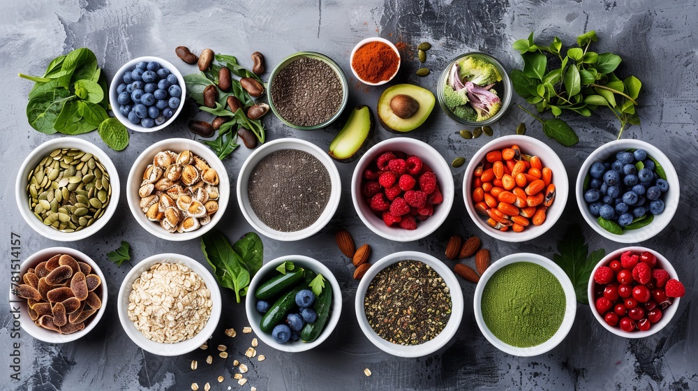 Healthy food clean eating selection: fruit, vegetable, seeds, superfood, cereal, leaf vegetable on gray concrete background. National Eat Your Vegetables Day. International Fruit Day. copy space Healthy food clean eating selection: fruit, vegetable, seeds, superfood, cereal, leaf vegetable on gray concrete background. National Eat Your Vegetables Day. International Fruit Day. copy space