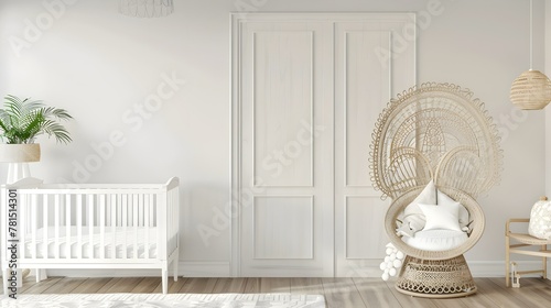 White open double door in elegant apartment with nursery designed with white crib and wicker peacock chair, real photo with copy space