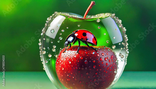 Czerwona biedronka w czarne kropki, czerwone jabłko, krople wody, miejsce na tekst, tapeta, ilustracja, wzór do projektu