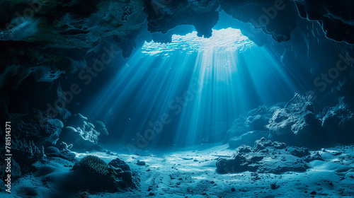 Sunlight filtering through an underwater cave with marine life. © tiagozr