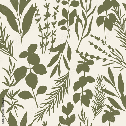 Flat vector herbs. Silhouette spices background