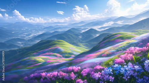 Beautiful spring landscape with pink flowers and blue sky. 3d rendering