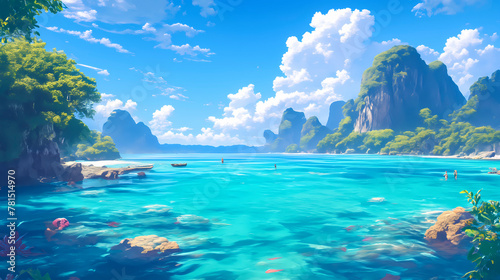 Beautiful seascape with tropical island and blue sea. 3d render