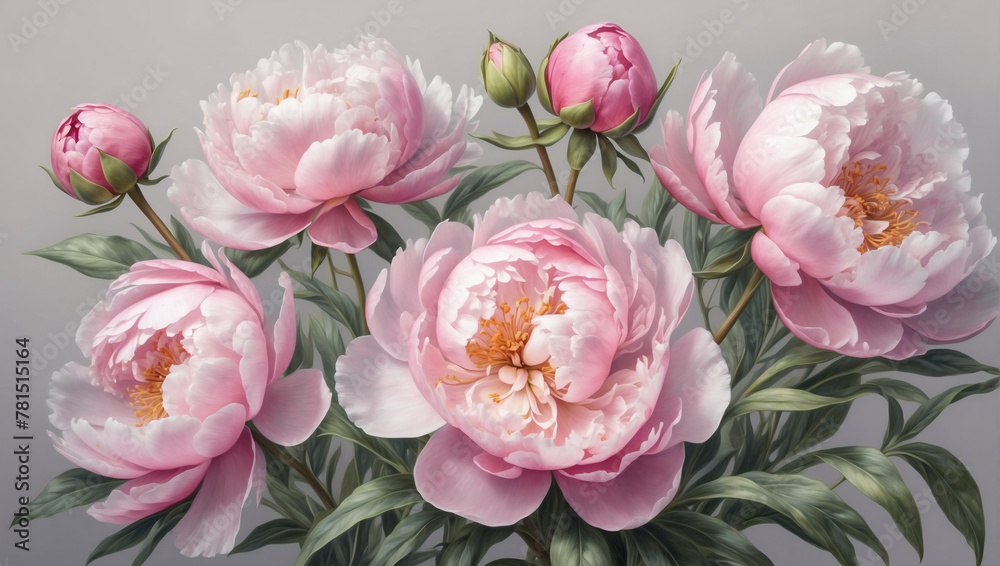 Realistic pastel drawing of Soft pink peonies, with delicate shading and realistic details, using pastel pencils.