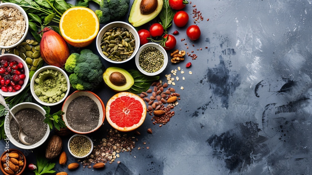 Healthy food clean eating selection: fruit, vegetable, seeds, superfood, cereal, leaf vegetable on gray concrete background. National Eat Your Vegetables Day. International Fruit Day. copy space