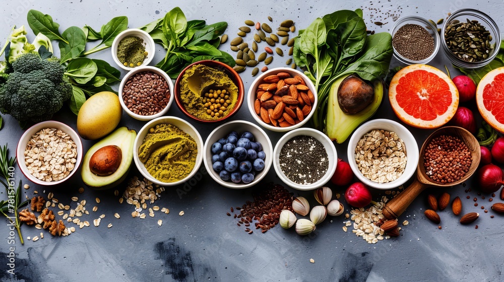 Healthy food clean eating selection: fruit, vegetable, seeds, superfood, cereal, leaf vegetable on gray concrete background. National Eat Your Vegetables Day. International Fruit Day. copy space