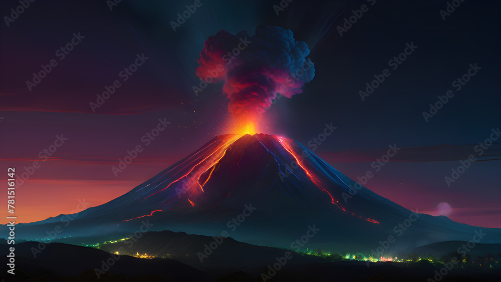 Volcano erupting with neon smoke
