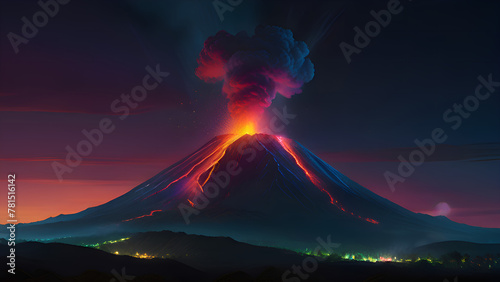 Volcano erupting with neon smoke 