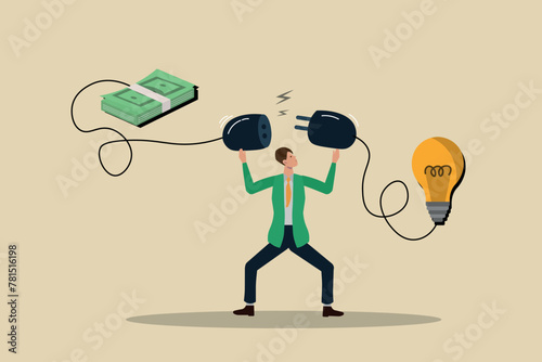 Making money, turning ideas into money, ways to increase income, growth of income and profit, entrepreneur man connecting ideas to money