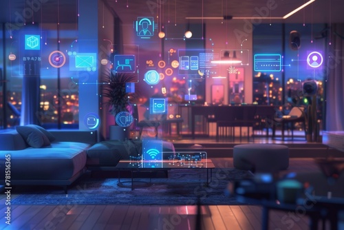 an entire smart home, with various devices connected to the network and glowing digital symbols representing different living spaces within it 
