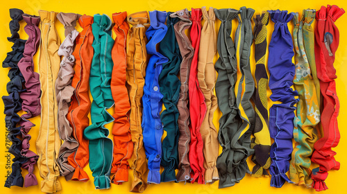 A row of colorful fabric ruffles are laid out on a yellow background. The ruffles come in a variety of colors and patterns  creating a vibrant and lively atmosphere