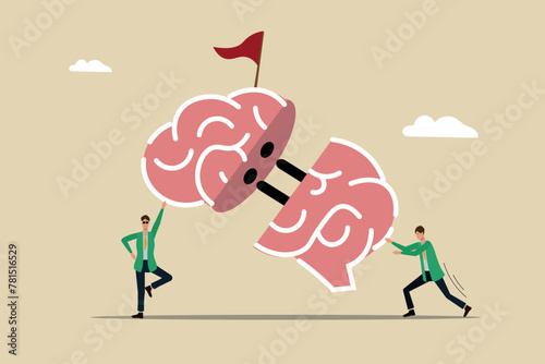 Right-left hemisphere connection, creativity to improve the system, system integration, cooperation and synergy, business men thinking together.