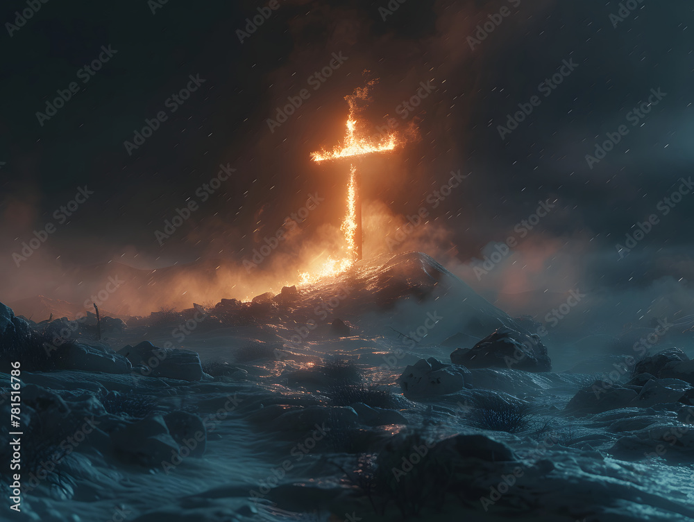 A fiery cross rises above a desolate landscape of snow and rocks. The sky is dark and stormy, with sparks flying.