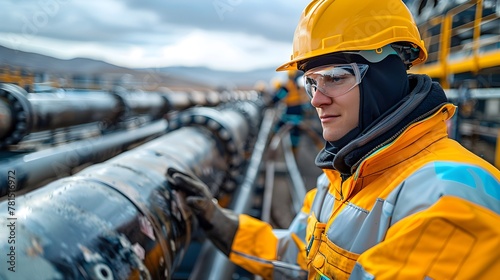 Industrial Worker Inspecting Oil and Gas Pipelines at a Refinery Facility