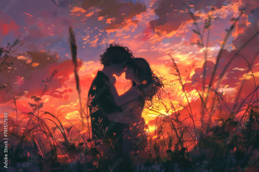 Romantic Couple Embracing at Sunset in Nature
