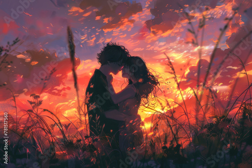 Romantic Couple Embracing at Sunset in Nature