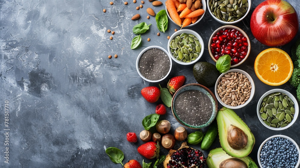 Healthy food clean eating selection: fruit, vegetable, seeds, superfood, cereal, leaf vegetable on gray concrete background. National Eat Your Vegetables Day. International Fruit Day. copy space
