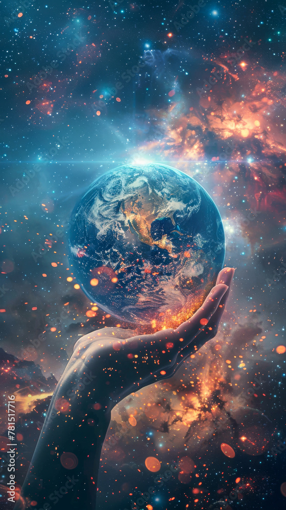 Hand Holding Earth With Cosmic Background Illustration