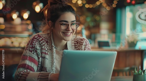 Beautiful young smiling woman using a laptop. Generate AI image