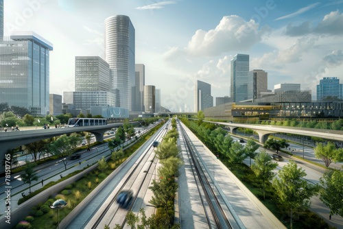 Futuristic Cityscape with Modern Transportation and Skyscrapers