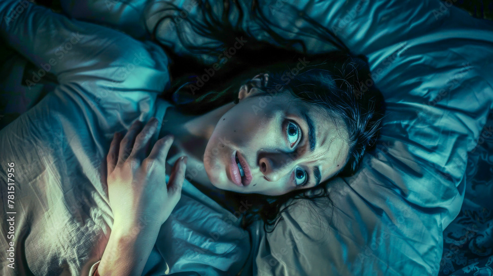 Young Woman Distressed by a Nightmare in Her Bed at Night Young Woman Distressed by a Nightmare in Her Bed at Night