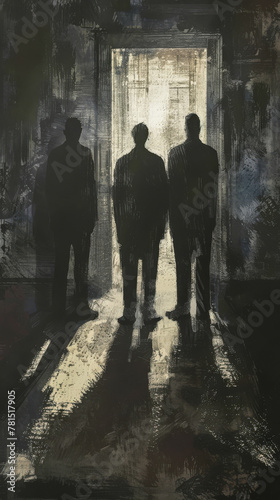 Three Silhouetted Men in a Dark, Ominous Corridor © Napat.T