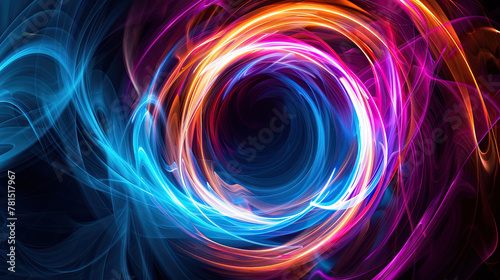 Abstract ring background with luminous swirling backdrop. Glowing spiral   on black background 