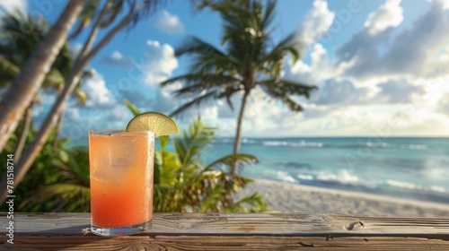 cocktail on wooden surface, Caribbean Beach bar, palm trees and ocean in the background --ar 16:9 Job ID: 5d773f6d-bb47-42e4-9a62-1c062da4b407 photo