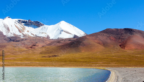 beach of a desert lagoon in the Bolivian highlands, in the background the snow-capped mountains of the Andes