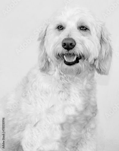 Retrato em preto e branco de um cão branco
