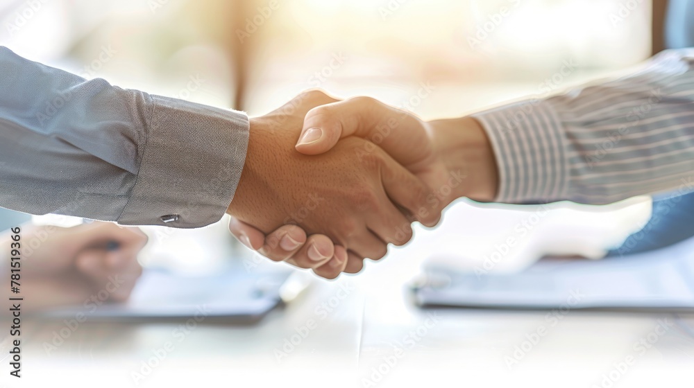 Close up of two business people shaking hands after deal. Generate AI image Close up of two business people shaking hands after deal. Generate AI image