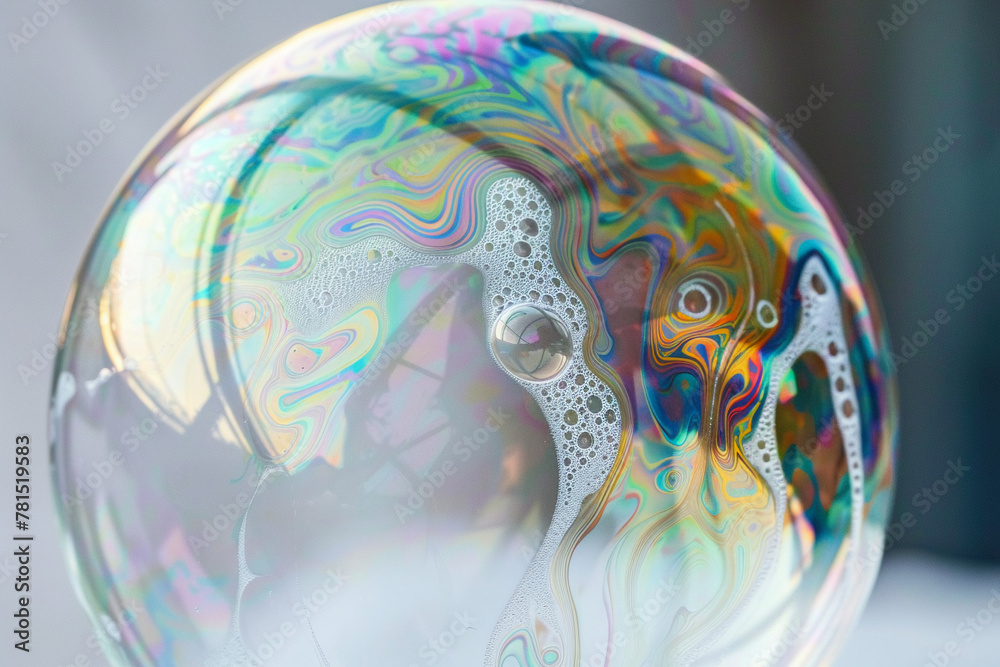 A close-up view of a soap bubble suspended in mid-air, reflecting vibrant colors in its iridescent surface, super realistic