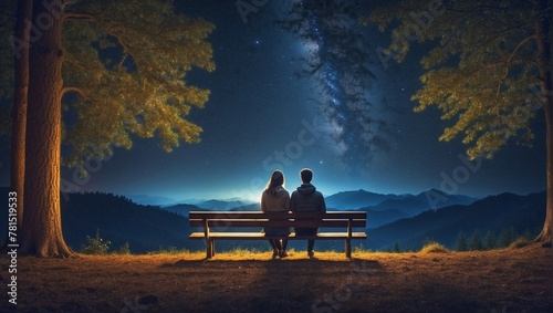 People sitting on the bench in night