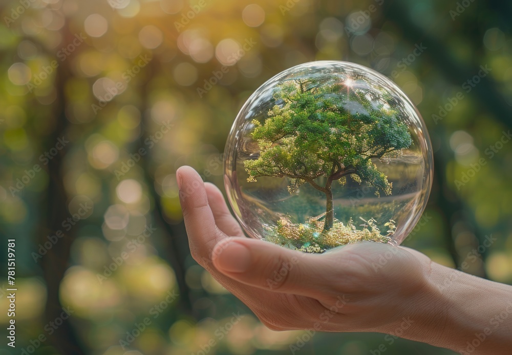 Hand holding glass sphere with a green tree inside. Generate AI image