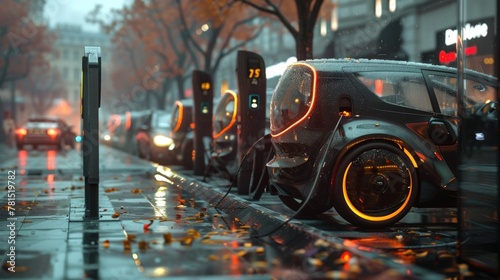Electric cars charging at a car station in a city. Generate AI image © Ashalina