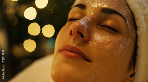 an elegant woman undergoing a spa facial treatment  exuding relaxation and indulgence in the pampering experience. 