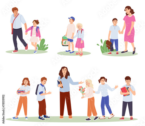 Set of cute children with backpack going back to school with parents. Collection of funny pupils joyfully greeting the teacher Flat vector illustration isolated on white background