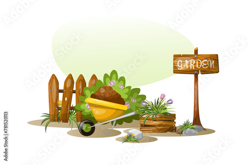 Summer composition wheelbarrow with earth vegetable garden