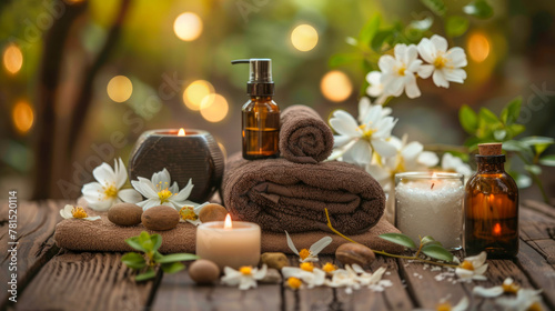 Tranquil spa ambiance with candles, brown towels, and fresh flowers, embodying luxurious self-care and relaxation. photo