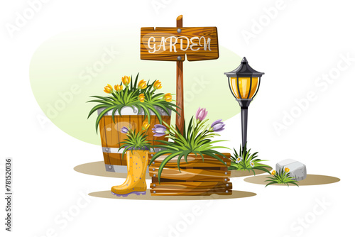 Summer composition of flower beds with flowers plate vegetable garden