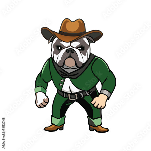 A cowboy bulldog vector logo, exuding western grit with a dash of canine charm, encapsulating rugged frontier spirit.